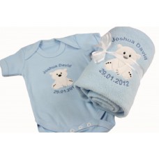 Personalised Baby Vest & Blanket Cute Bear Newborn/Christening Gift Set